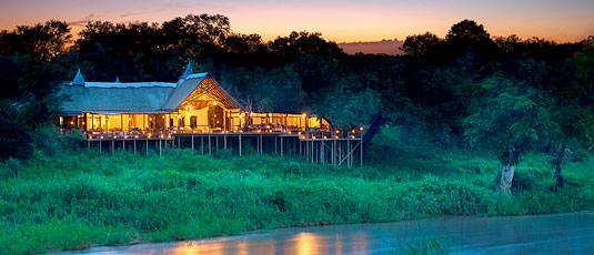 View of Main Lodge overlooking the Sabie River at Lion Sands Narina Lodge located in the big five Sabi Sand Private Game Reserve, South Africa