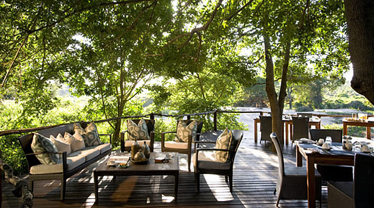 Main lodge deck area at Lion Sands River Lodge in the big five Sabi Sand Private Game Reserve, South Africa