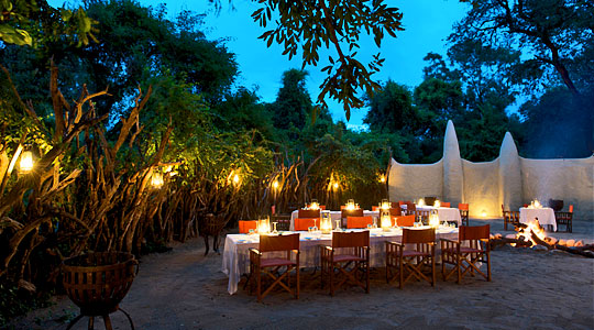 African Boma Dining at Lion Sands River Lodge located in the Big Five Sabi Sand Private Game Reserve, South Africa