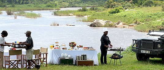Bush Breakfast next to Sabie River at Lion Sands Tinga Lodge in the Sabi Sand Private Game Reserve