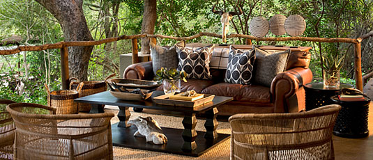 Outside Lounge at Lion Sands Tinga Lodge in the Big 5 Sabi Sand Private Game Reserve located in South Africa
