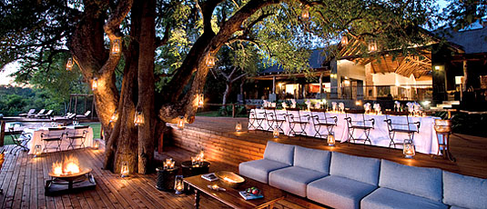 Wooden viewing deck with Outside Dining & Lounge at Lion Sands Tinga Lodge in the Sabi Sand Private Game Reserve